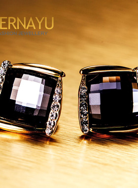 韩版百搭大气黑色渐变方形耳钉高级感轻奢气质女艺术生无耳洞耳夹