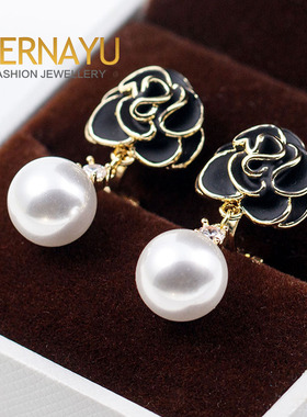 法式复古玫瑰花珍珠女小香风轻奢高级黑色耳环老年人妈妈耳饰耳夹