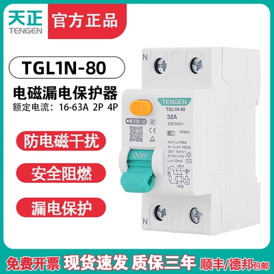 天正TGL1N-80电磁式小型漏电断路器2P 4P隔离开 关带漏电保护 63A
