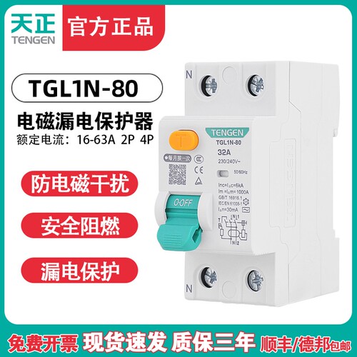 天正TGL1N-80电磁式小型漏电断路器2P 4P隔离开 关带漏电保护 63A