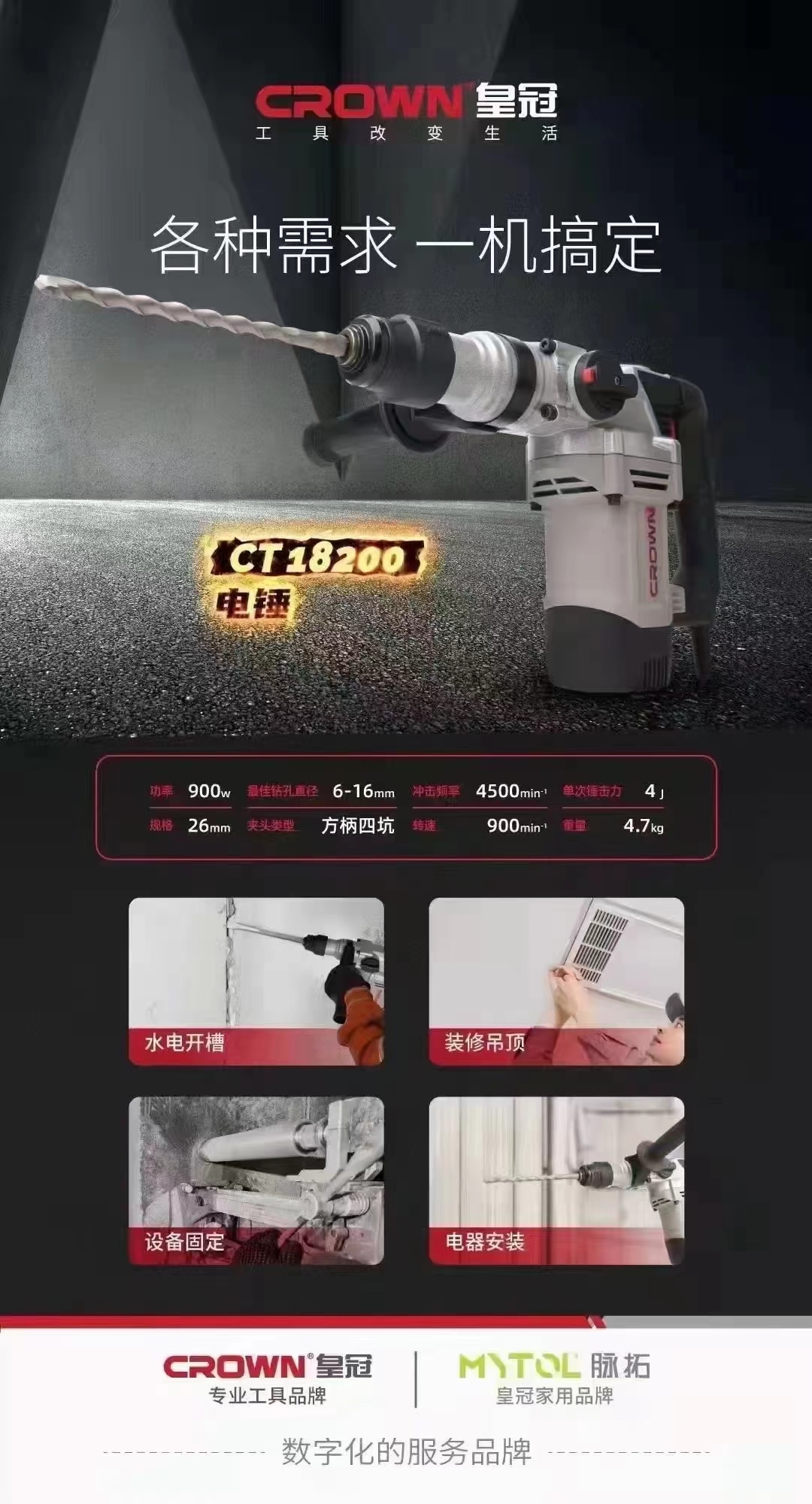 皇冠18200多功能电动爆模植筋大功率爆破双用电锤电镐带离合900W