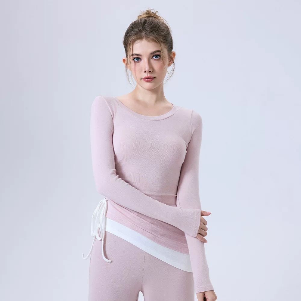 高级感瑜伽罩衫宽松休闲长袖下摆撞色运动t恤轻薄透气性感健身服