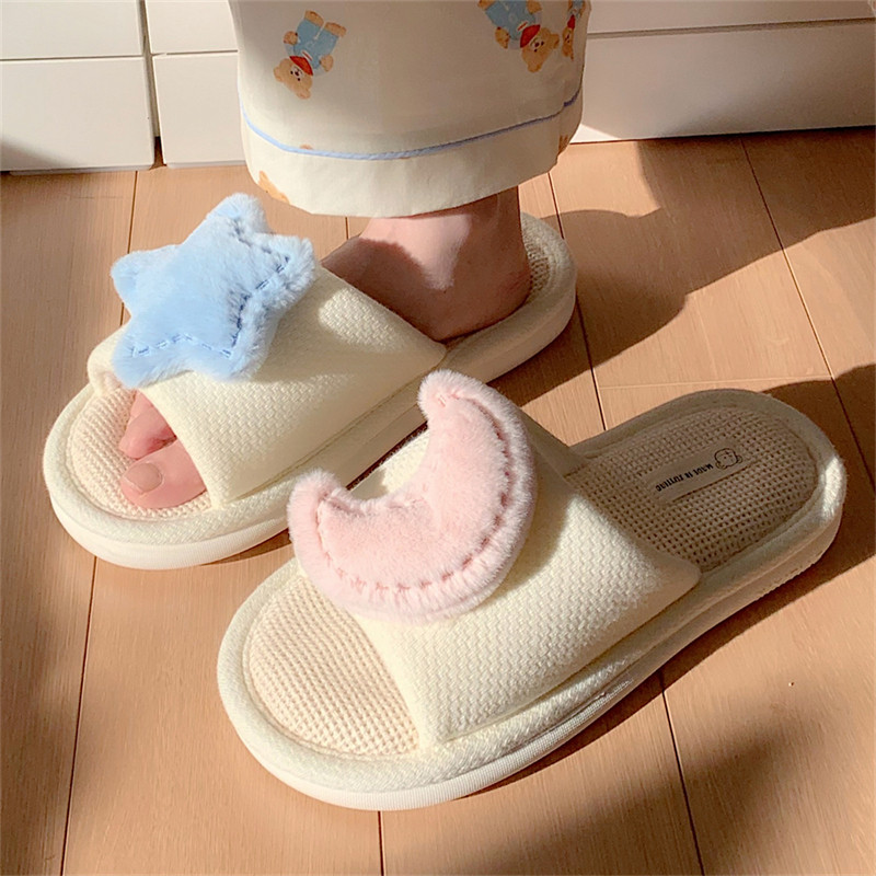 踩屎感亚麻拖鞋女士四季室内家居用立体星星月亮防滑软底一字拖鞋,女鞋,一字拖,淘宝优惠券,粉丝福利购,淘宝优惠卷