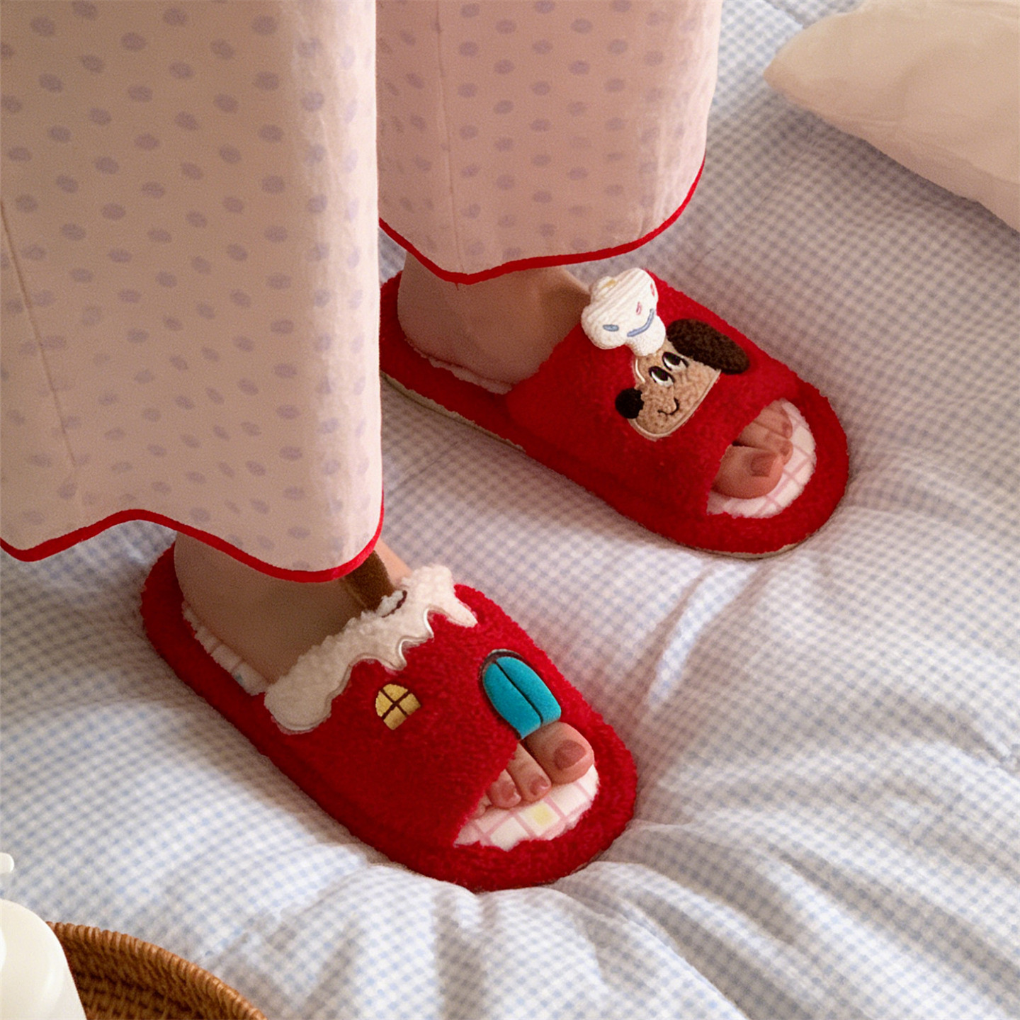 四季通用少女心地板鞋ins可爱厨师小狗防滑吸汗空调房棉布拖鞋女