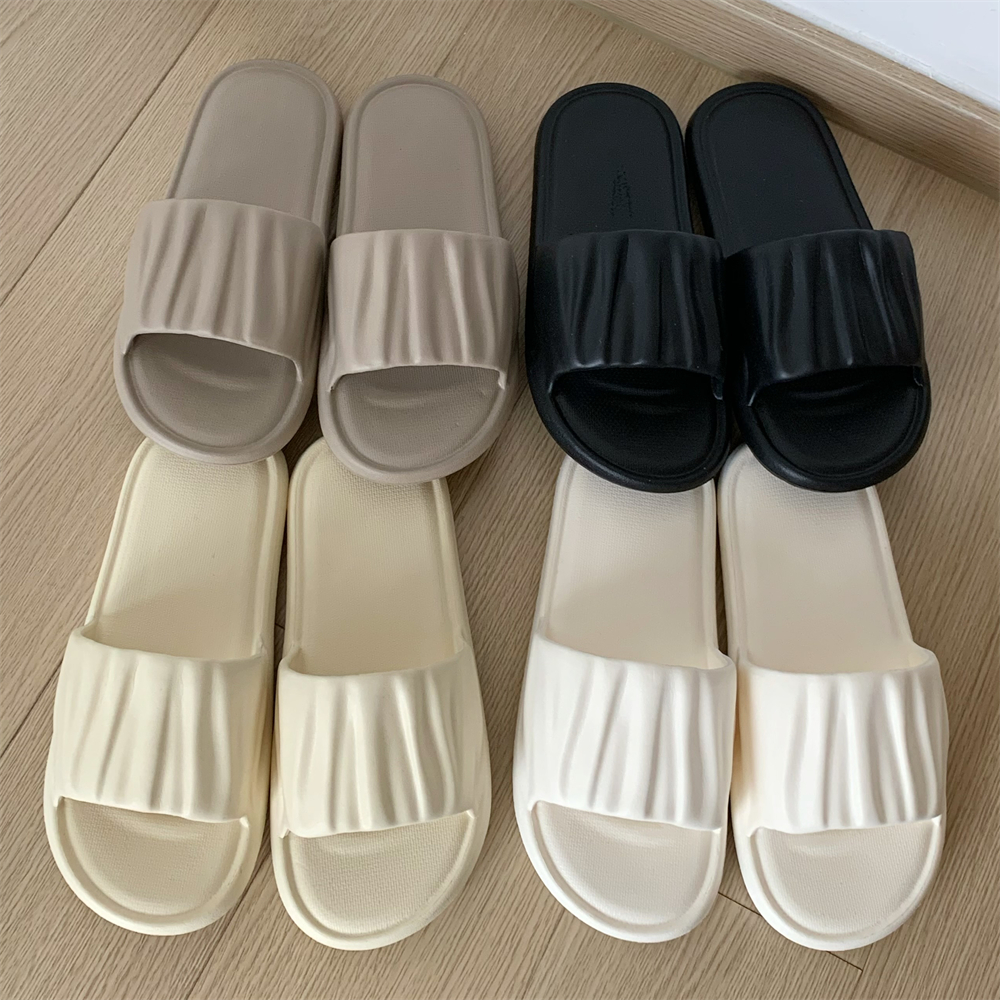 居家简约纯色软底防滑褶皱凉拖鞋