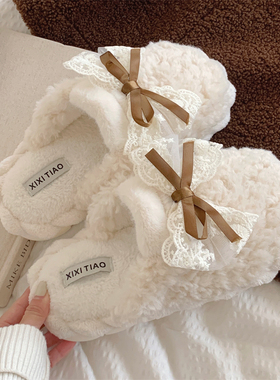 复古毛绒绒保暖情侣棉拖鞋冬季网红可爱蝴蝶结居家包头月子鞋男女