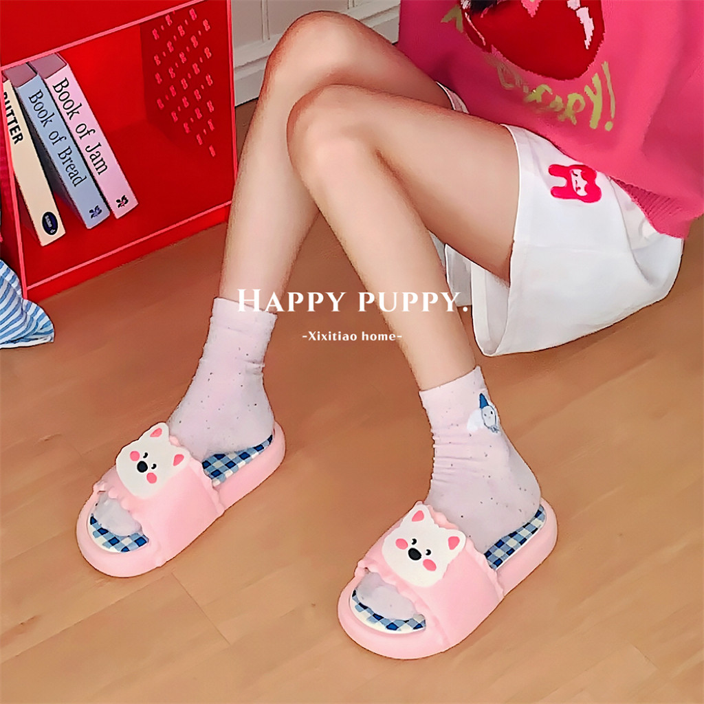 趣味软萌小白狗夏季休闲拼色格子女士凉拖防滑软厚底居家一字拖鞋,女鞋,一字拖,淘宝优惠券,粉丝福利购,淘宝优惠卷
