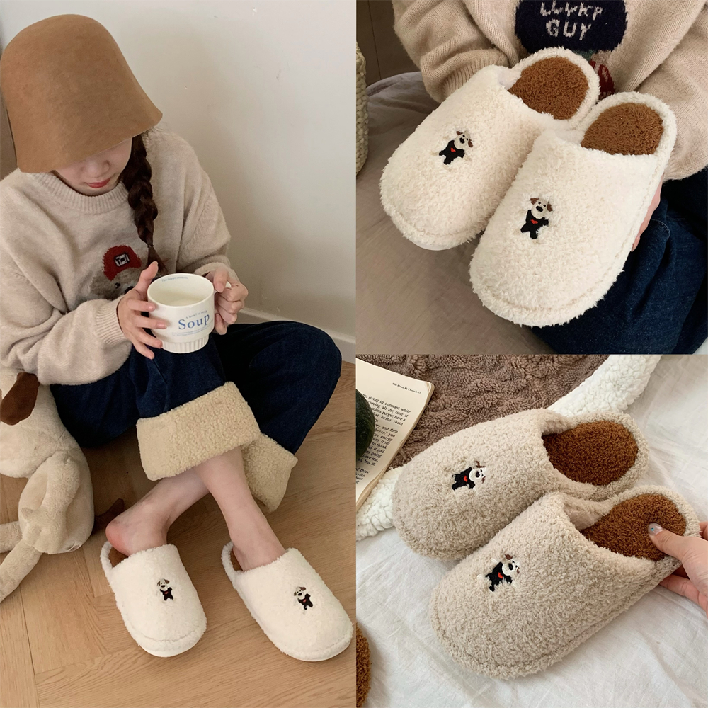 舒适毛绒绒情侣休闲居家棉拖鞋保暖秋冬季趣味卡通狗狗月子鞋男女