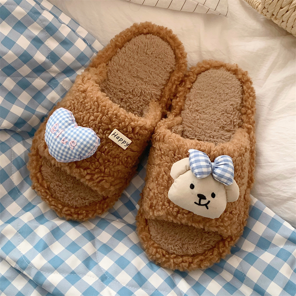 新款ins蝴蝶结小熊秋冬毛毛拖鞋