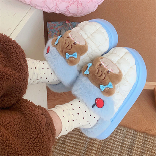 卡通学生ins保暖冬季可爱正版mikko月子鞋软萌小熊休闲棉拖鞋女士