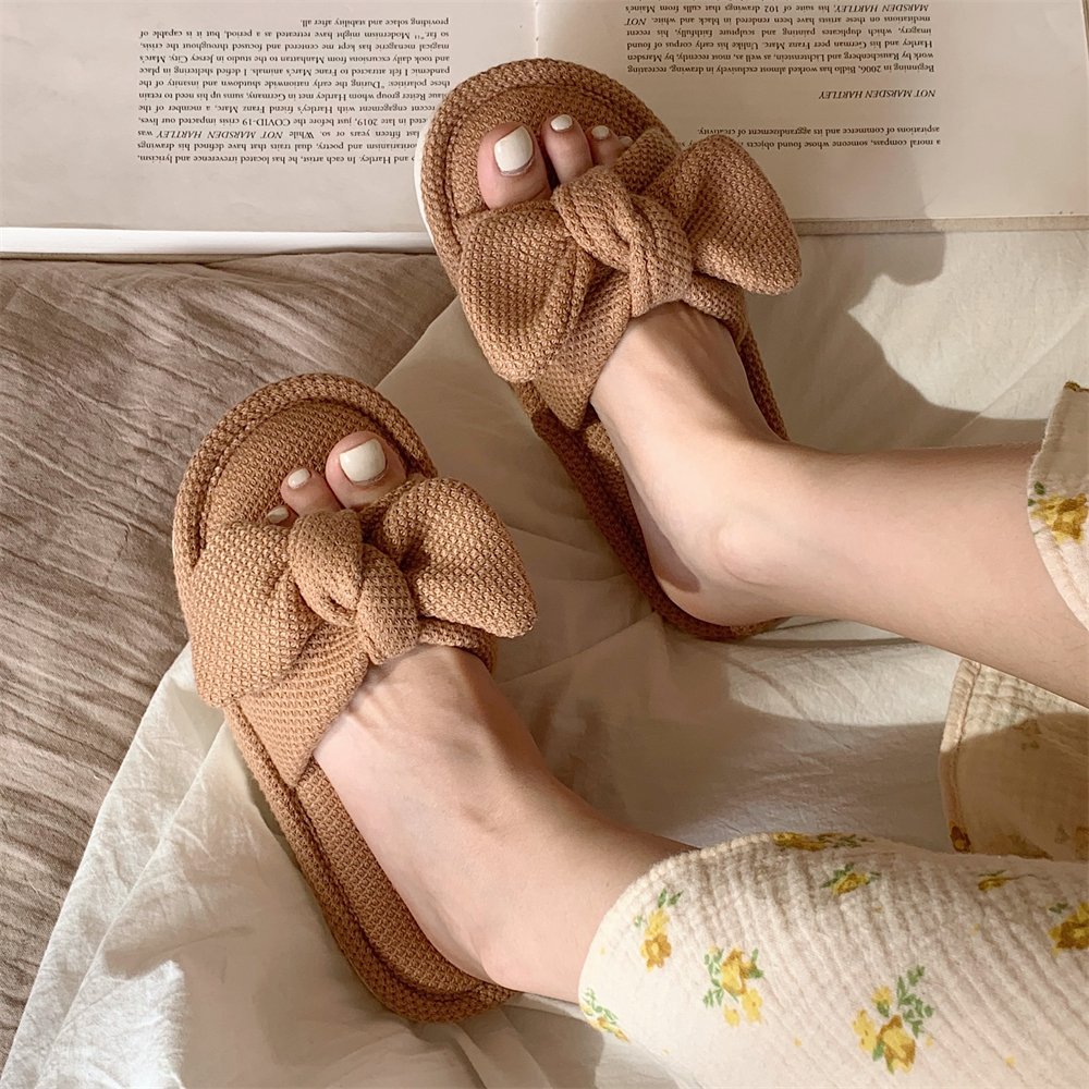 四季通用甜美蝴蝶结居家亚麻拖鞋
