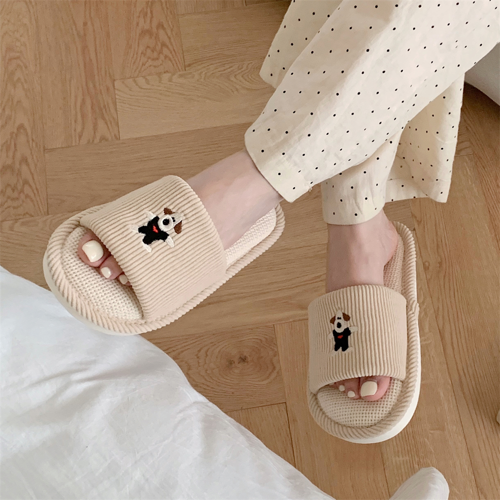 春夏趣味可爱狗狗情侣亚麻拖鞋
