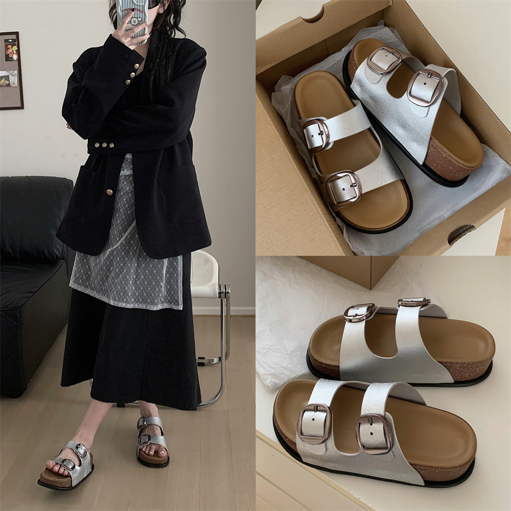 ins时尚高级感银色方扣双带拖鞋