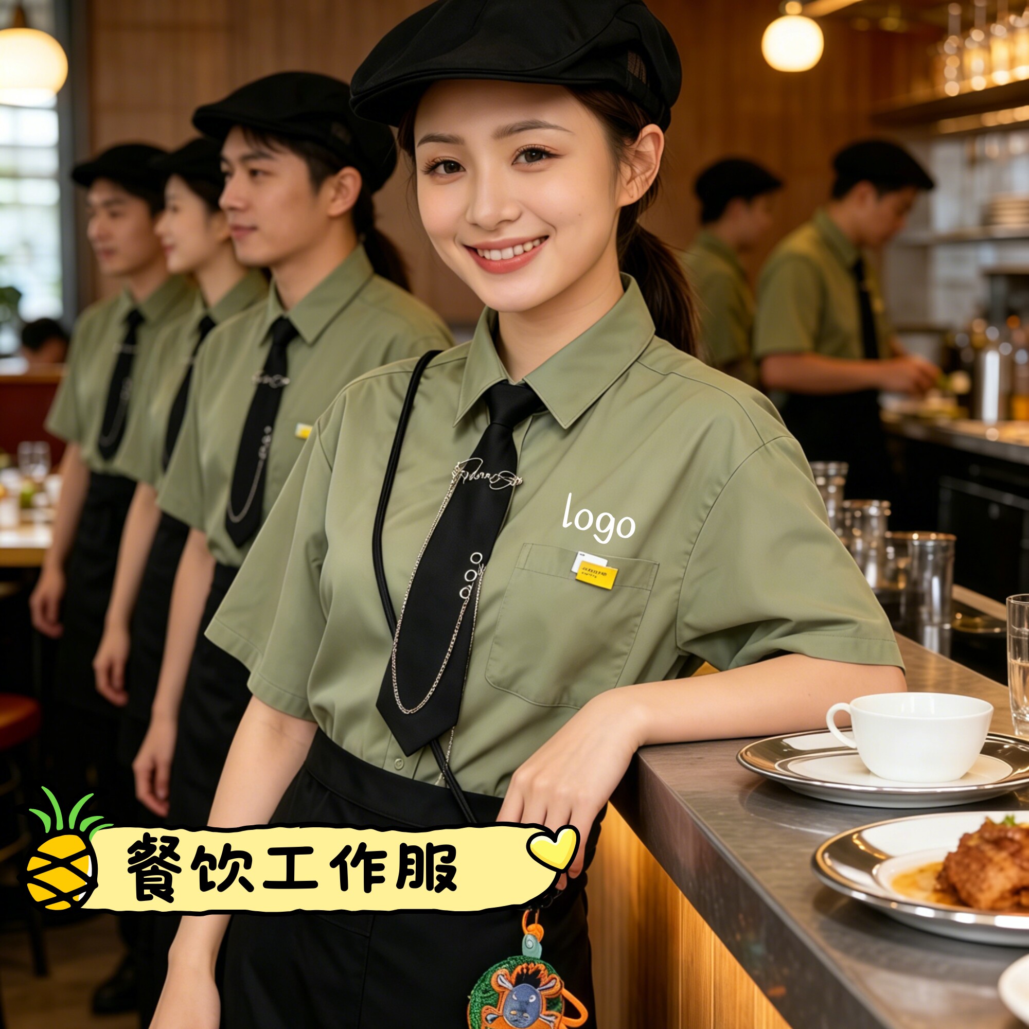 餐饮工作服短袖衬衫男女服务员制服绿色餐厅工装夏季年轻时尚工装