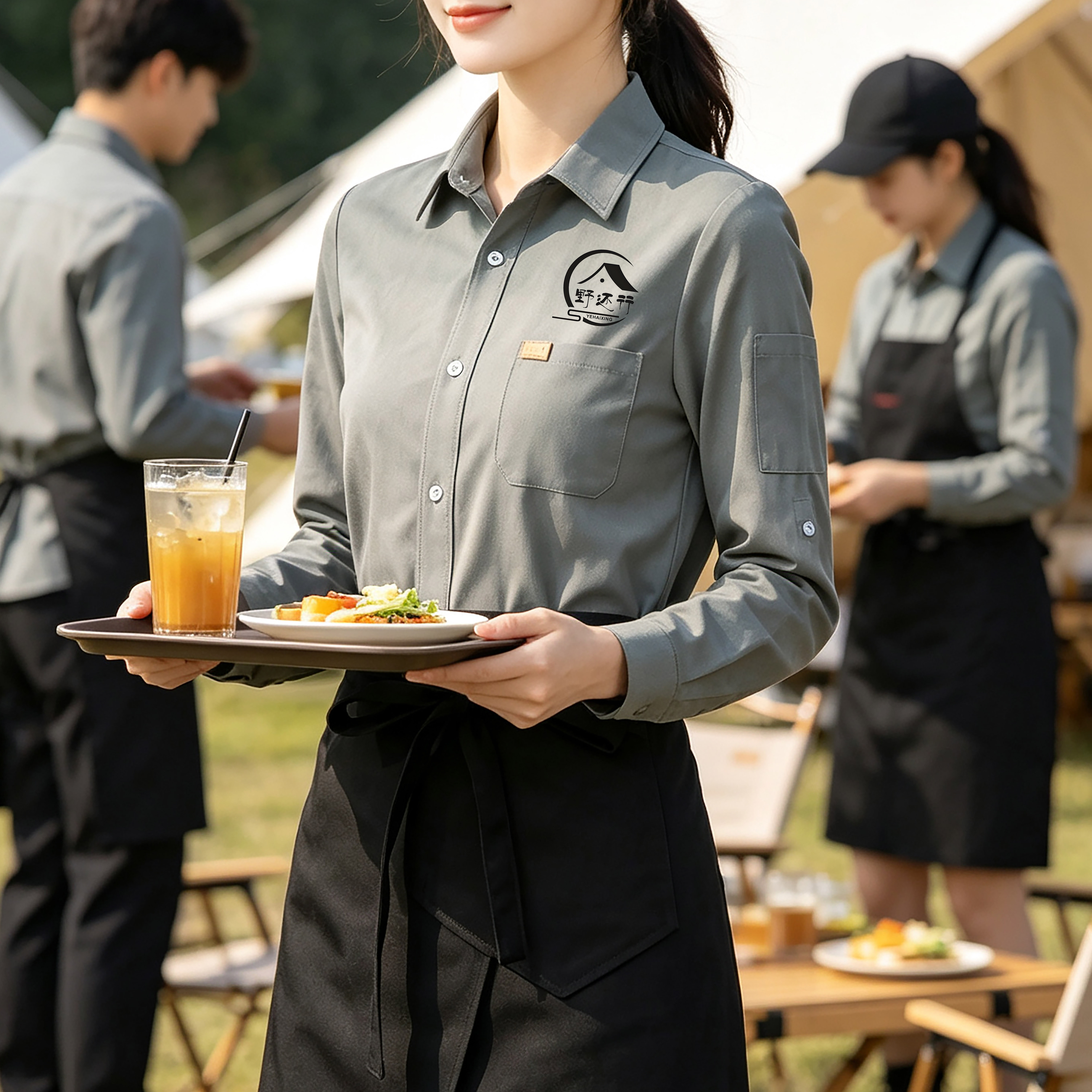 秋冬灰色衬衫工作服长袖咖啡店餐饮店七分袖工装制服调节袖奶茶店图片