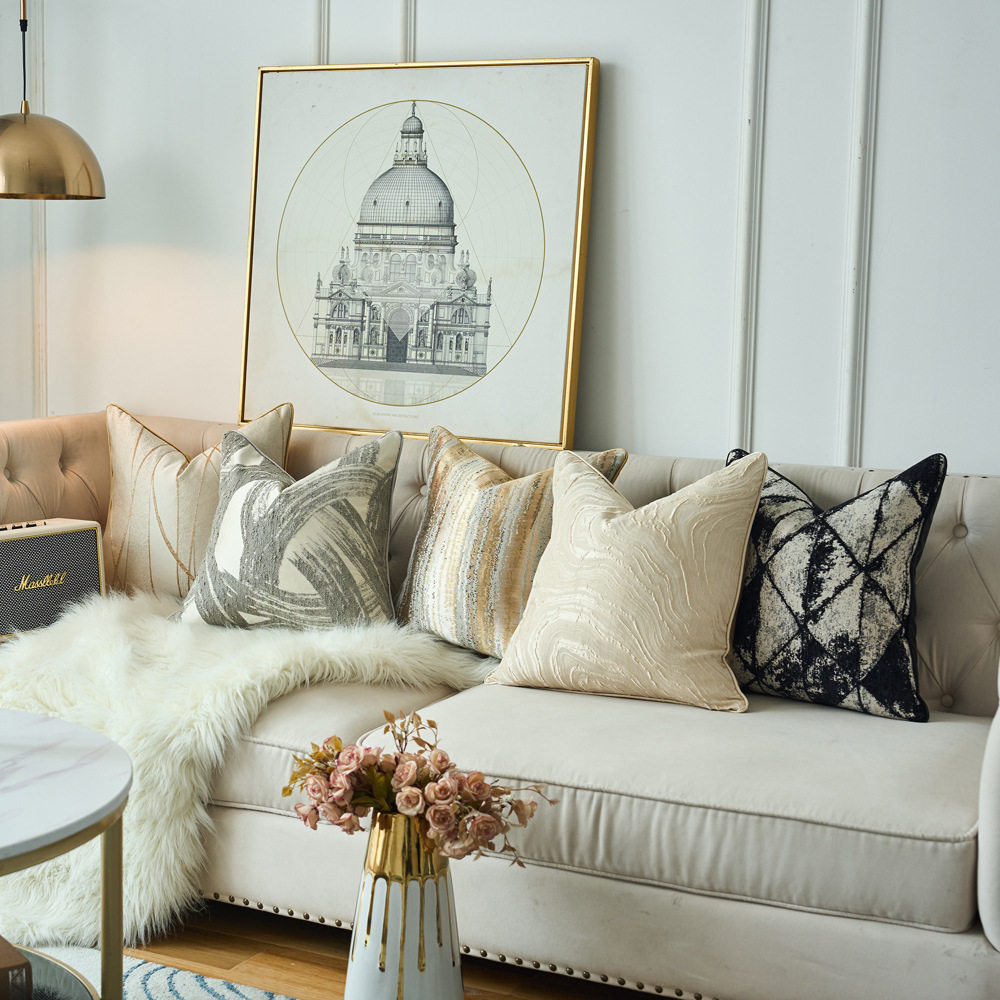 新中式覆古轻奢抱枕套多色单面高精密提花奢华靠枕抽象新古典曲线