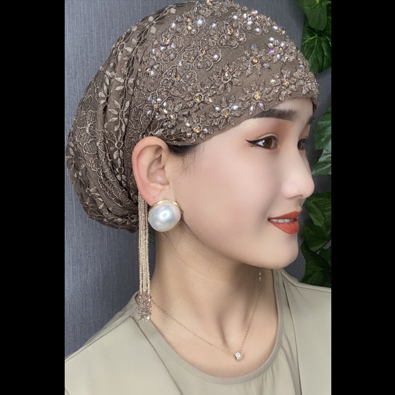 新款手工缝钻流苏包头帽弹力松紧纱巾帽时尚真丝妈妈帽套头遮发帽