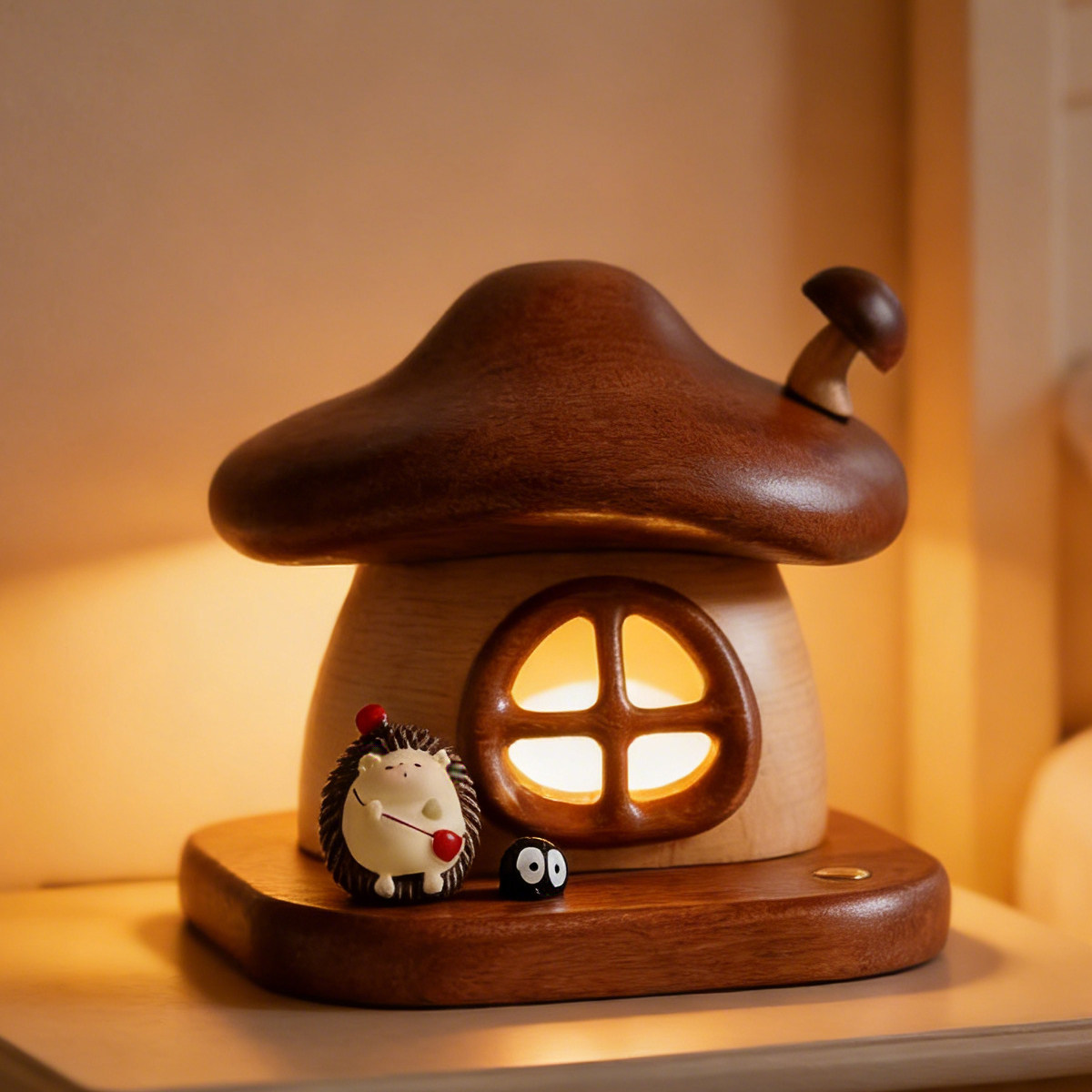 蘑菇屋小夜灯摆件家用充电LED床头氛围灯儿童房装饰书房实木蘑菇