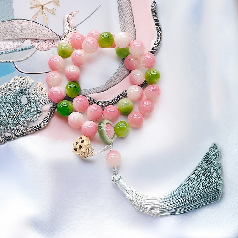 清荷国风粉渐变青白玉菩提手串男女莲花流苏手持文玩佛珠文玩