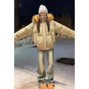 美式超好看短款羽绒服女生冬季高级感加厚今年流行可拆卸毛领棉服