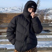 黑色斜拉链排骨羽绒服男款冬季加厚保暖轻薄棉衣美式连帽棉服外套