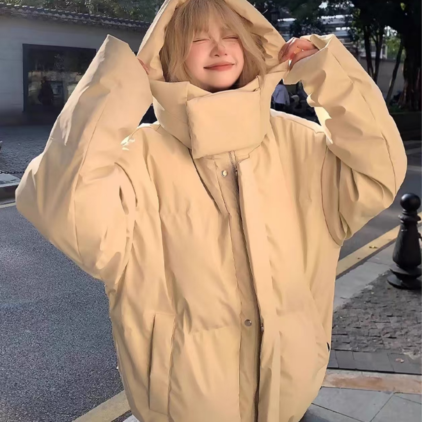 【全场五折】潮牌pu皮连帽羽绒服