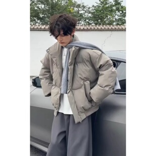 卡其色短款pu皮羽绒棉服男冬季高级感痞帅加厚棉衣立领面包服外套