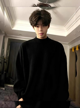 黑色圆领加绒毛衣男款秋冬季加厚针织衫cleanfit慵懒风内搭打底衫
