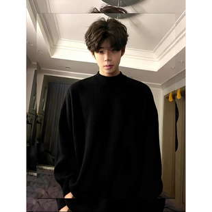 黑色圆领加绒毛衣男款秋冬季加厚针织衫cleanfit慵懒风内搭打底衫