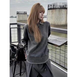 复古假两件v领毛衣男款秋冬慵懒氛围感翻领针织衫老钱风上衣外套