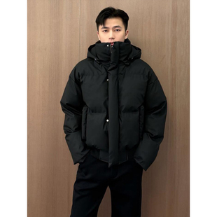 黑色短款羽绒棉服男冬季可拆卸毛领连帽棉服美式复古PU皮棉衣外套
