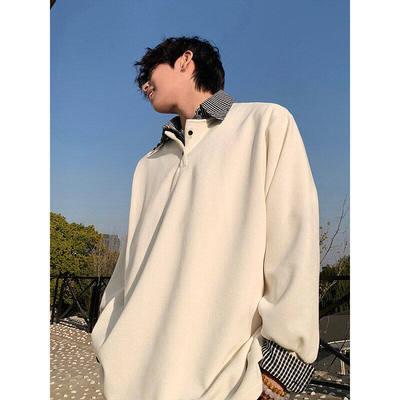 白色假两件卫衣男款春秋季学院风外套oversize美式长袖polo领衬衫