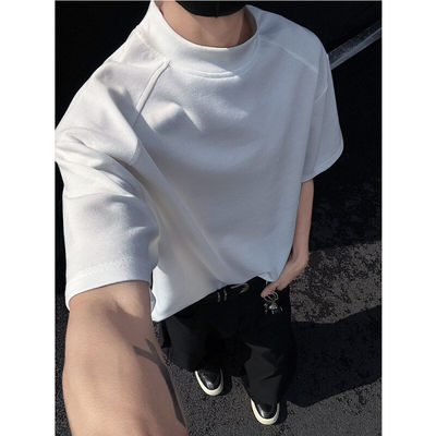 260g高克重白色氧棉短袖t恤男款春夏季半高领插肩少年半袖打底衫