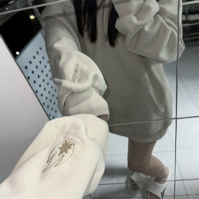 美式cleanfit小火苗刺绣连帽卫衣男款秋冬加绒加厚内搭情侣外套