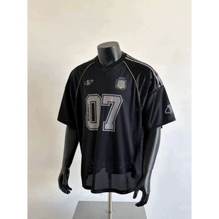 美式复古街头网面涂鸦橄榄球球衣短袖T恤男女夏季宽松半袖上衣潮