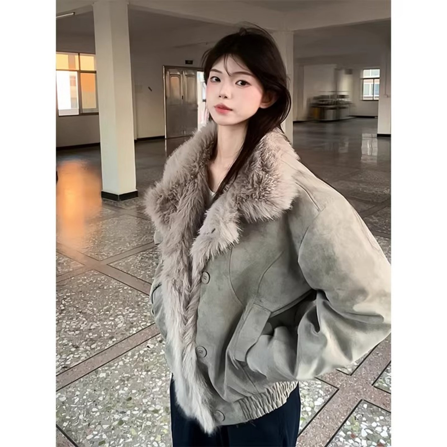 美式大毛领座山雕夹克棉服男款冬季加厚cleanfit工装短款皮衣外套