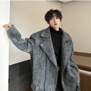 设计感拉链夹克 呢子大衣加厚痞帅美式 灰色短款 毛呢外套男秋冬款