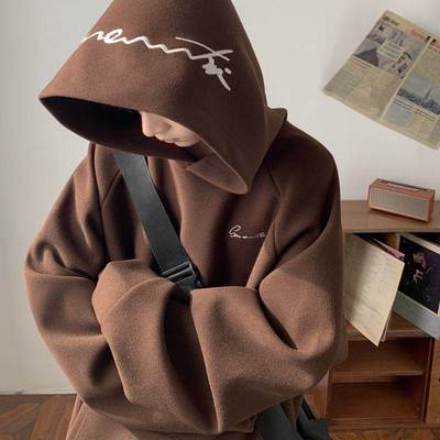 棕色600g重磅呢子连帽卫衣男2025新款秋冬季硬挺美式高街情侣外套