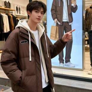 假两件美式咖色羽绒棉服男冬季穿搭青少年加厚外套保暖短款面包服