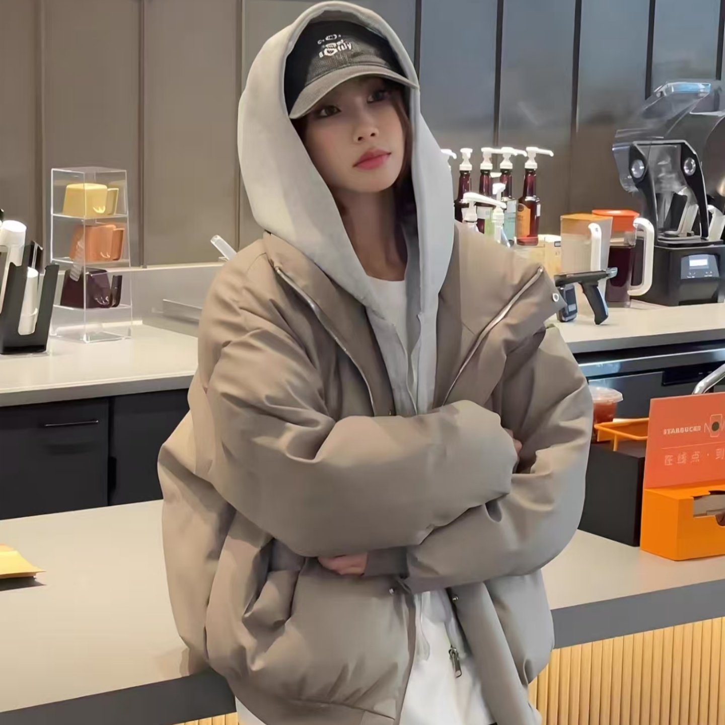 【全场五折】PU皮短款羽绒棉服潮