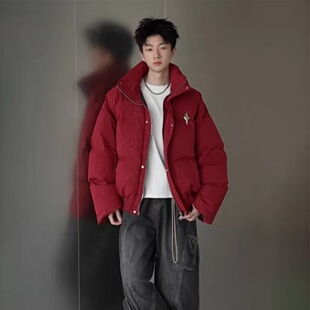 酒红色满天星羽绒棉服男女冬季短款加厚帅高级感美式高街潮牌外套