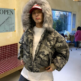 美式复古毛领迷彩棉服男款冬季连帽座山雕夹棉外套bomber夹克棉衣