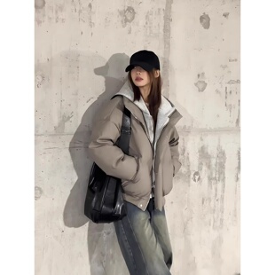 PU皮美式假两件羽绒棉服男款冬季双拉链工装外套设计感短款面包服