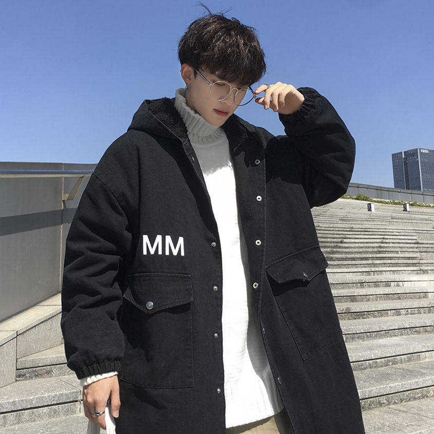 冬季加绒加厚棉衣男中长款羊羔毛大衣青少年防寒保暖牛仔风衣外套