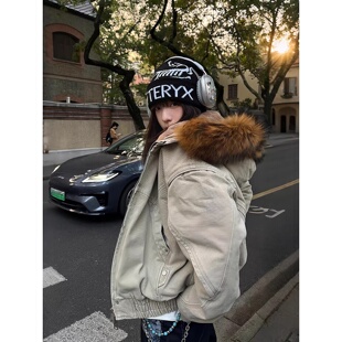 卡其色座山雕工装棉服男女冬季加厚连帽帆布外套美式解构短款棉衣