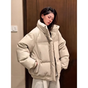 米白色cleanfit帆布皮立领棉服男冬季 外套 加厚保暖面包服高街短款