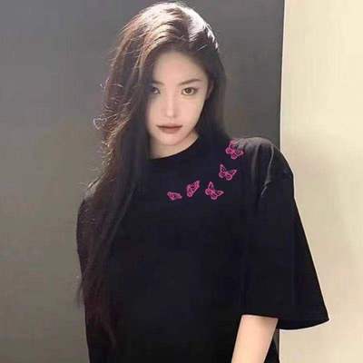 重磅纯棉蝴蝶印花短袖t恤男女款夏季美式高街痞帅设计感潮牌体恤
