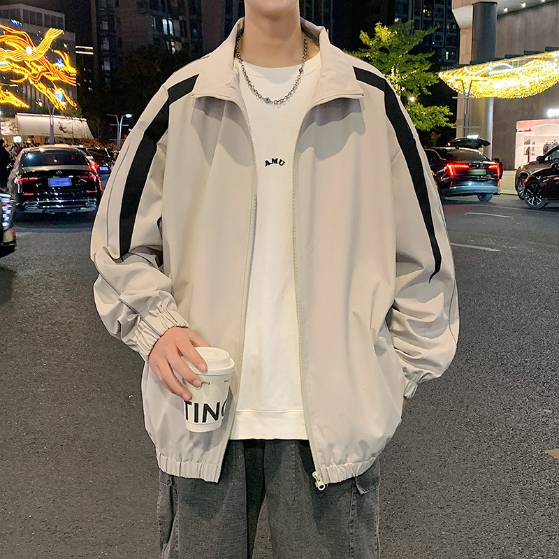 chic早秋外套男秋季美式潮牌青少年运动风夹克休闲条纹立领教练服
