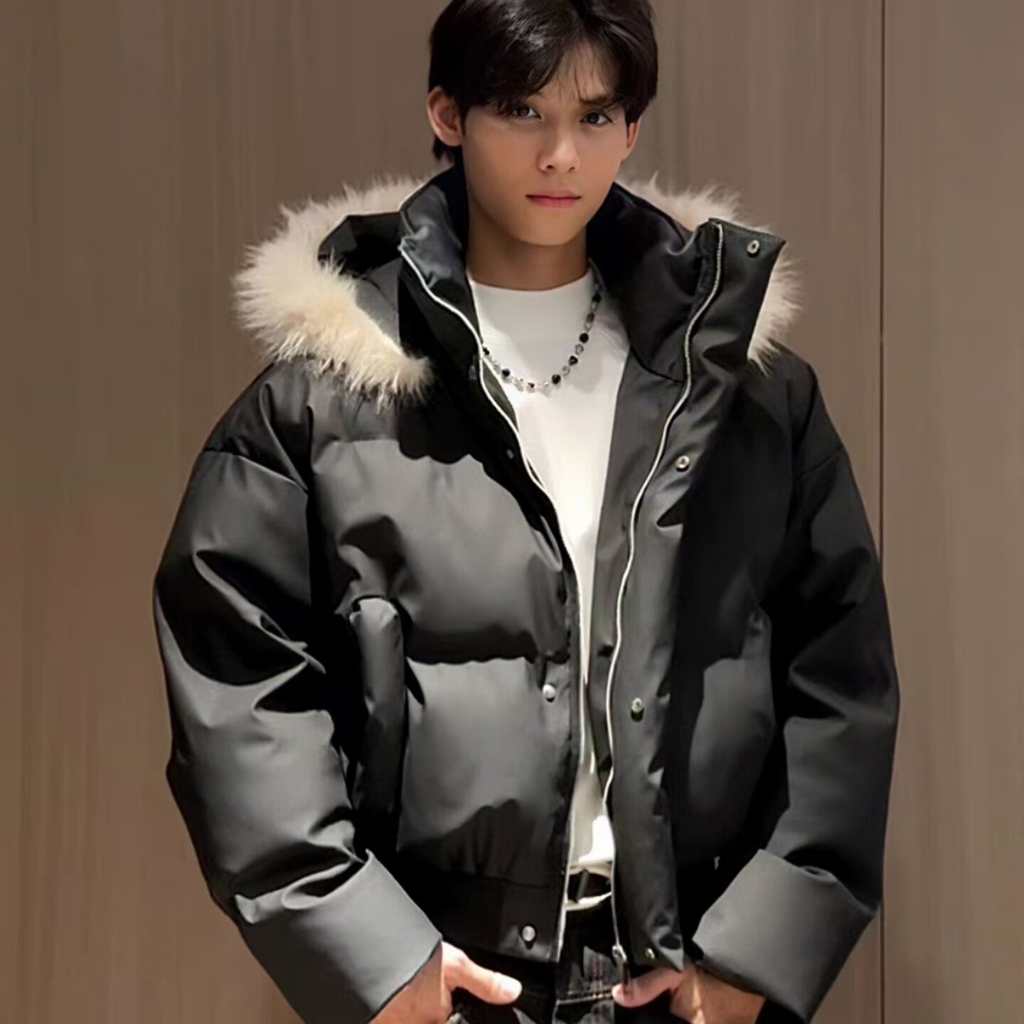 【全场五折】PU皮毛领羽绒棉服潮