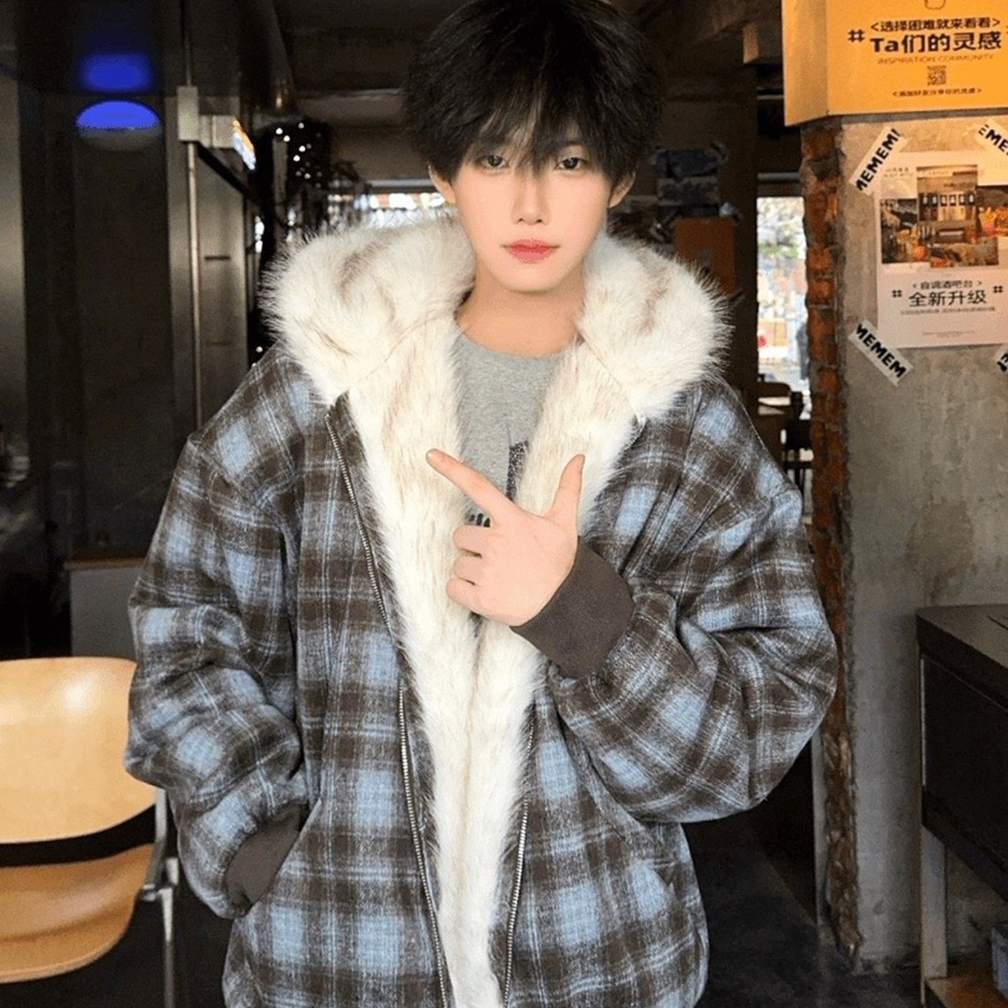 美式格子两面穿座山雕棉服男冬季加绒加厚保暖厚外套连帽呢子棉衣,男装,棉衣,淘宝优惠券,粉丝福利购,淘宝优惠卷